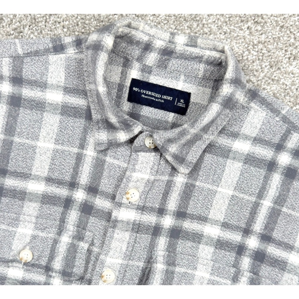 Abercrombie Fitch 90s Oversized Shirt Mens XL Heavyweight Plaid Flannel Gray